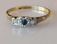 An Art Deco diamond and sapphire ring on yellow gold and platinum, size S, stamped 18ct, 2.64g