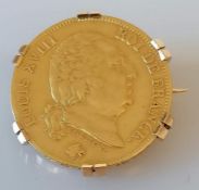 A Louis XVIII (1814-1824) 40 Francs mounted gold coin, dated 1818-W (Lille), 16.16g