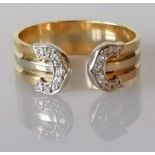 An 18K vintage Cartier double C tri-gold diamond ring, size O, signed shank, 6mm, stamped 750