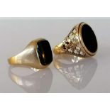 Two gold signet rings with onyx decoration, one with pierced shank, both hallmarked 9ct gold, sizes