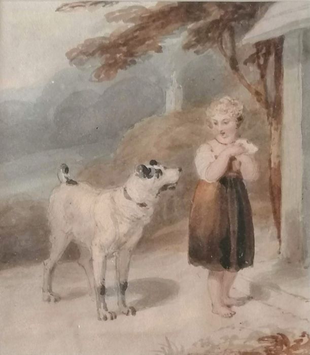 Attributed to Thomas Stothard (British, 1755-1834), GIRL AND DOG, watercolour, framed and mounted, 1