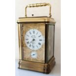 A French gilt L’Epee alarm repeater carriage clock with Roman numerals strike on the half hour and h