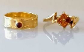 Two gem-set gold rings, sizes M, O, one hallmarked, one stamped 18ct, 9g (2)