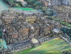 Robert William Hill (1932-1990) PANORAMA BUCKINGHAM PALACE GROUNDS 1980, oil on canvas, 50 x 65