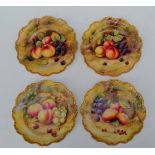 Four Royal Worcester fruit painted dessert plates painted by T. Lockyer within piecrust gilt