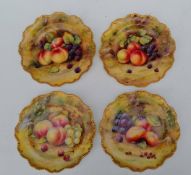 Four Royal Worcester fruit painted dessert plates painted by T. Lockyer within piecrust gilt