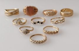 An assortment of ten gem-set and other 9ct gold rings, various sizes, all hallmarked/stamped, 19g