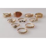 An assortment of ten gem-set and other 9ct gold rings, various sizes, all hallmarked/stamped, 19g