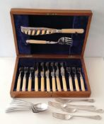 A canteen of six bone-handled silver fish forks and knives with servers by T Wilkinson & Sons,