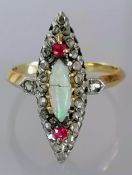 An French Belle Epoque opal and diamond ring in a white and yellow metal basket setting, size O, the