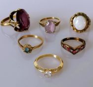 A 14ct gold gem-set solitaire ring, size R, 3g and five 9ct gold gem-set rings, various sizes, all