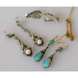 A pair of Art Deco opal drop earrings with diamond decoration, each tear drop opal 14mm x 8mm, on