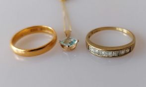 A 22ct yellow gold wedding band, size J, 3.3g; a gem-set half-hoop eternity ring, size O, and a
