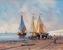 Hendrik Breedveld (Dutch, 1918-1999) BOATS AT LOW TIDE, oil on board, framed, 19 x 24 cm, signed