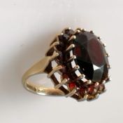 A garnet and gold dress ring; the oval faceted garnet, 15 x 10mm, surrounded by sixteen smaller