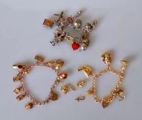 Two gold charm bracelets, all hallmarked 9ct, 42g and a silver charm bracelet, 49g (3)