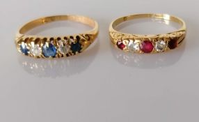 Two late 19th century yellow gold graduated gem-set five-stone rings, sizes M, N, stamped 18ct,