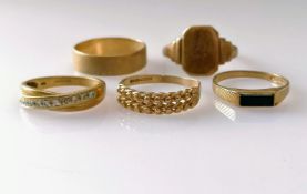 A selection of five 9ct yellow gold rings, some gem-set, signet ring cut, mixed sizes, all