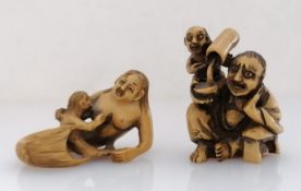 A 19th century Japanese ivory netsuke of a mermaid and child; and another group figure, both with