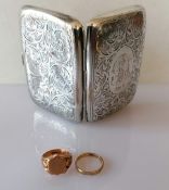 A rose gold signet ring and a gold band with etched decoration, sizes O, M, both hallmarked 9ct, 9.
