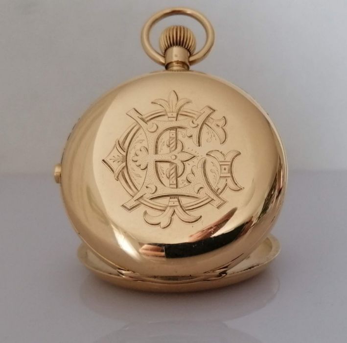 A Russells' Keyless Lever Chronograph in a Swiss 18 carat gold full hunter pocket watch - Bild 5 aus 8