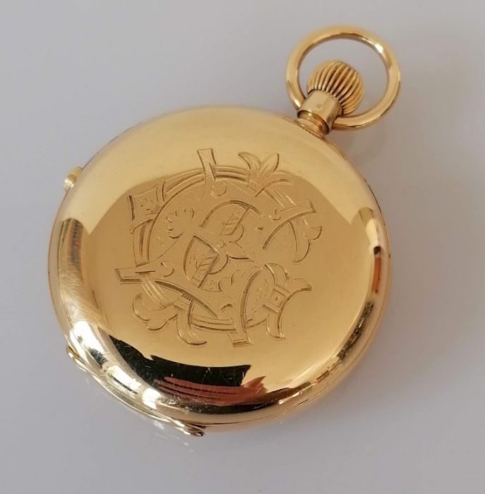 A Russells' Keyless Lever Chronograph in a Swiss 18 carat gold full hunter pocket watch - Bild 4 aus 8