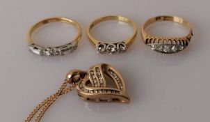 Three 18ct yellow gold diamond-set rings: the first, a half-hoop ring set with four 8-cut diamonds