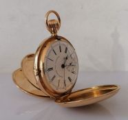 A Russells' Keyless Lever Chronograph in a Swiss 18 carat gold full hunter pocket watch