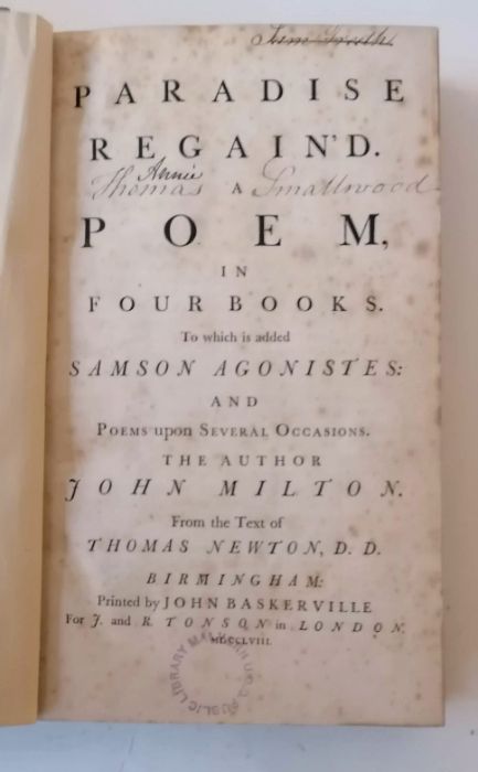 Milton, John, Paradise Lost. A Poem in Twelve Books and Paradise Regain'd. A Poem in Four Books, bot - Image 2 of 27