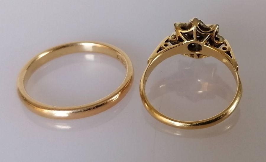 A 22ct yellow gold wedding band, 2mm, 3.45g and a mid-century diamond star ring - Image 2 of 2