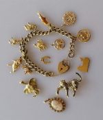 A yellow gold charm bracelet, with extra loose charms, pendants, etc, all hallmarked