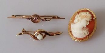 An oval cameo brooch in a gold frame, 30 x 25mm, stamped 750 and tests for 18ct gold, 4.74g