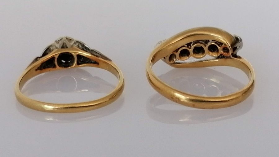 Two gold Art Deco illusion-setting diamond rings, a solitaire and a five-stone graduated, both size - Image 3 of 3