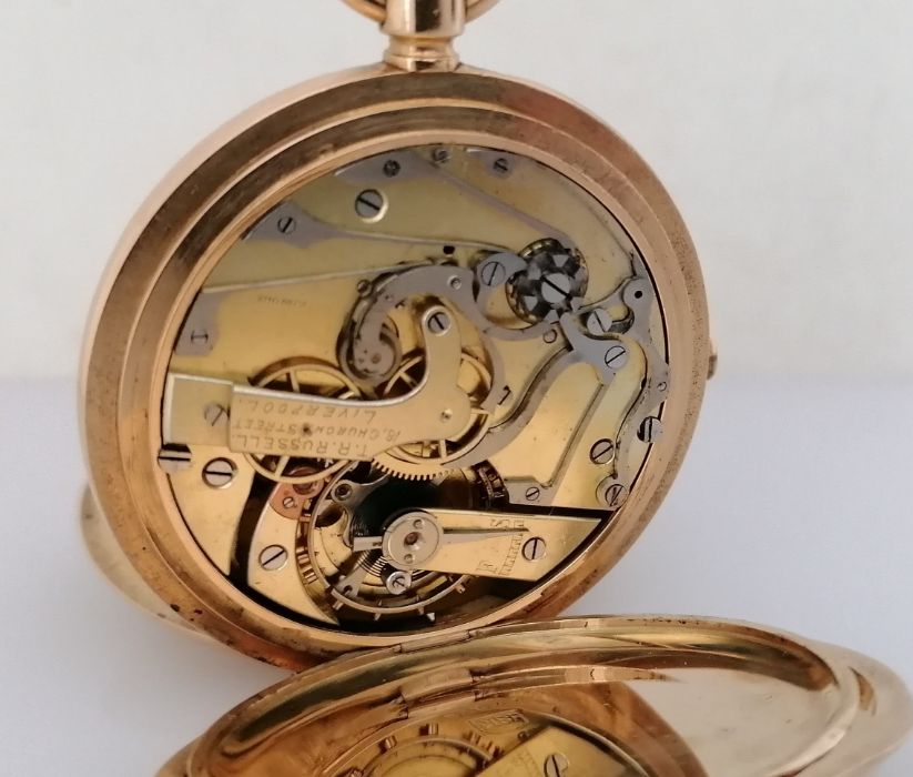 A Russells' Keyless Lever Chronograph in a Swiss 18 carat gold full hunter pocket watch - Bild 3 aus 8