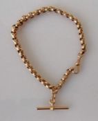 A 9ct rose gold belcher Albert chain with T-bar and one lobster clasp, 29 cm,