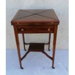 An Edwardian rosewood envelope card table with string inlay, frieze drawer with turned brass handles