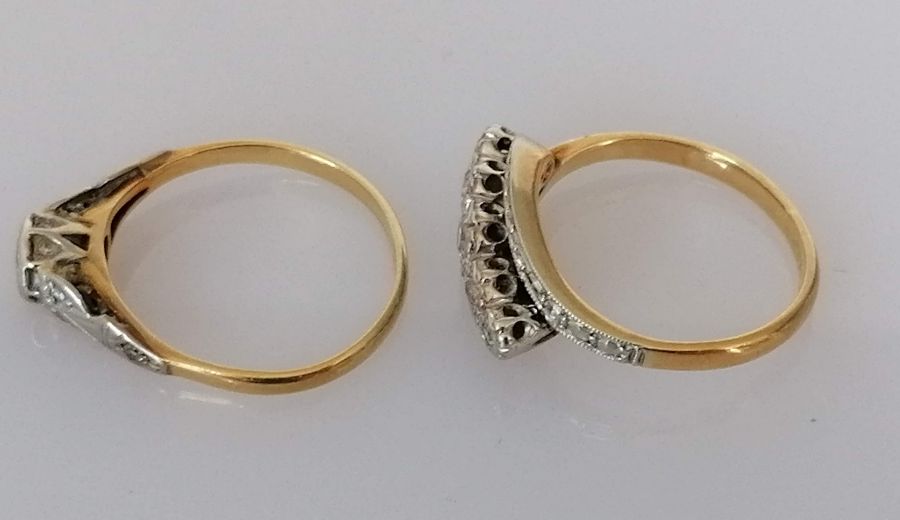 Two gold Art Deco illusion-setting diamond rings, a solitaire and a five-stone graduated, both size - Image 2 of 3