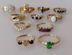 An assortment of 9ct yellow gold gem-set rings, all hallmarked, various sizes, all good condition