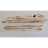 Two fancy-link gold necklaces, 50, 38 cm, a bracelet, 15 cm, a pair of knot earrings
