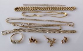 A selection of gold necklaces, a ring, as found (broken or damaged clasps, stone missing)