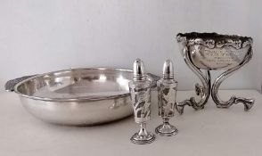 A Colombian silver table centre bowl on elaborate tripod legs, 13 x 14 h cm and a circular silver