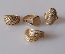 Three 9ct yellow gold rings with pierced lattice design and a pair of similar earrings