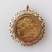 A mounted Victorian gold full sovereign, 1894, Melbourne mint, hallmarked 9ct, 12.45g