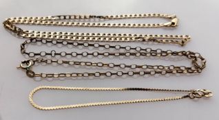 Two 9ct gold neck chains and a bracelet and an assortment of other gold chains, bracelets