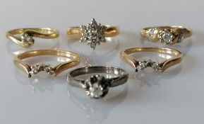 A selection of six diamond-set rings on 9ct yellow and white gold settings, five hallmarked,