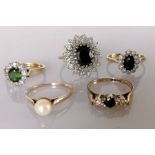 A selection of five gem-set rings on 9ct gold settings, various sizes, all hallmarked, 12.7g (5)