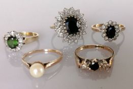 A selection of five gem-set rings on 9ct gold settings, various sizes, all hallmarked, 12.7g (5)