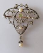 A Victorian peridot, diamond and pearl pendant brooch on a rose gold frame, 65mm x 55mm