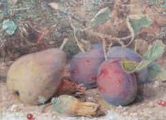 William Hough (1829-1897), STILL LIFE PEAR AND PLUMS, watercolour, signed bottom right, framed and m