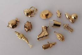 A selection of twelve 9ct yellow gold charms, all hallmarked, 23.3g (12)